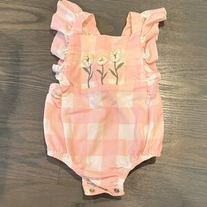 Mud Pie Pink Checkered Daisy Criss Cross Back One Piece Romper
